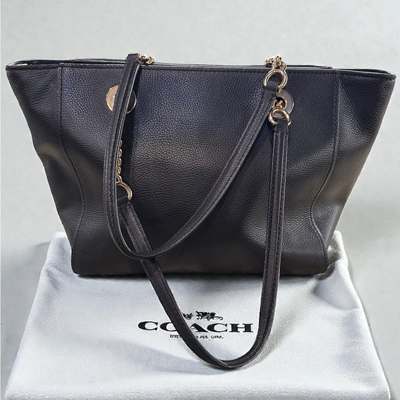 COACH 57107 Turnlock Chain Pebbled Black Leather Tote Shoulder Bag EXCELLENT - Picture 2 of 10
